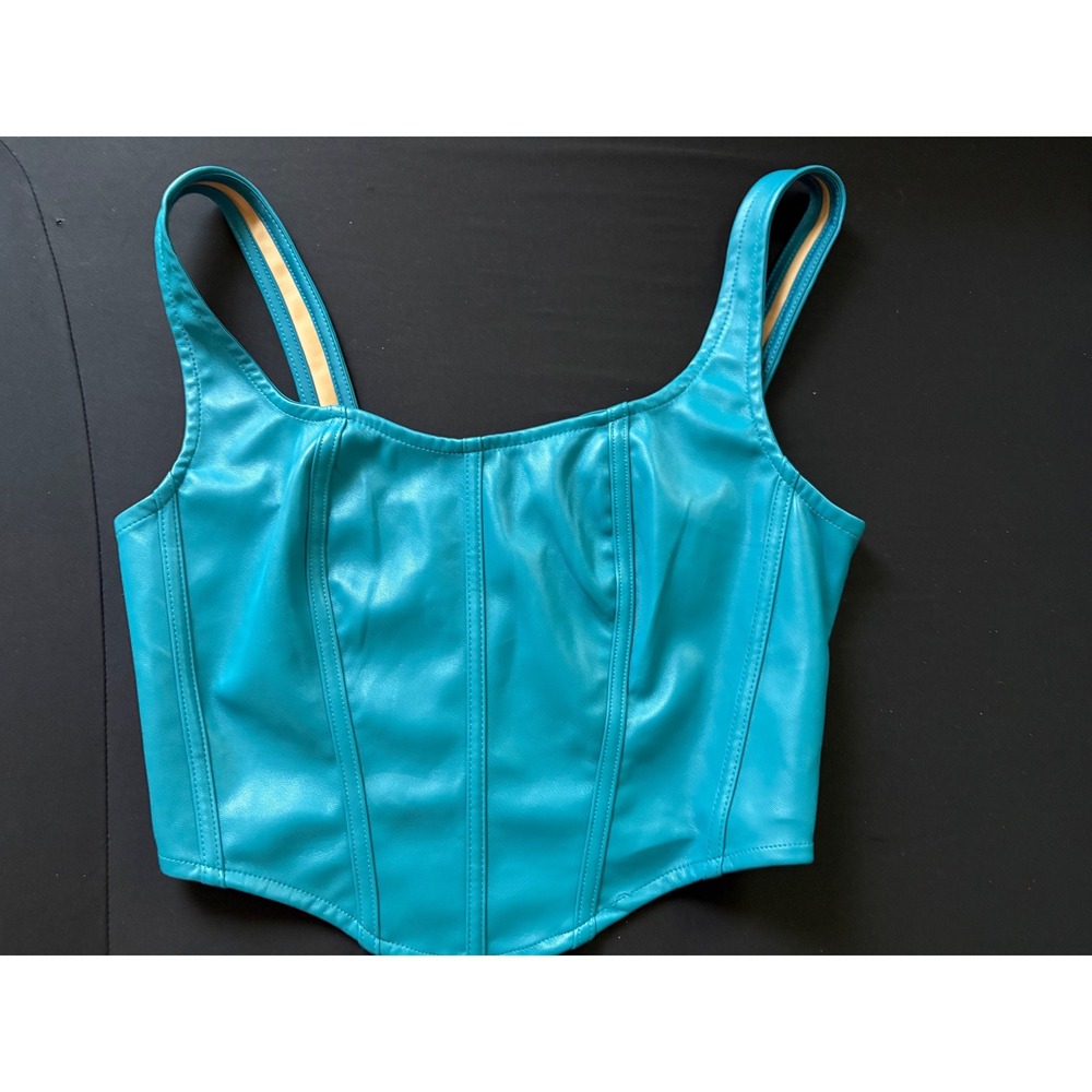 Y2K Turquoise Faux Leather Corset Crop Top Bratz Festival Rave Clubwear